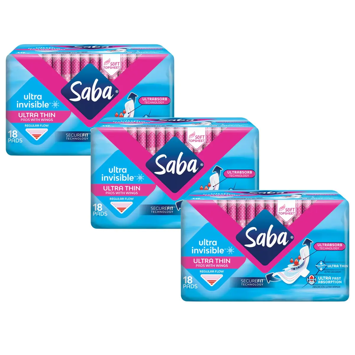 Saba Ultra Invisible Regular Pads with Wings, 54 Count | Ultra Thin, Hypoallergenic, SecureFit for Women - main product image