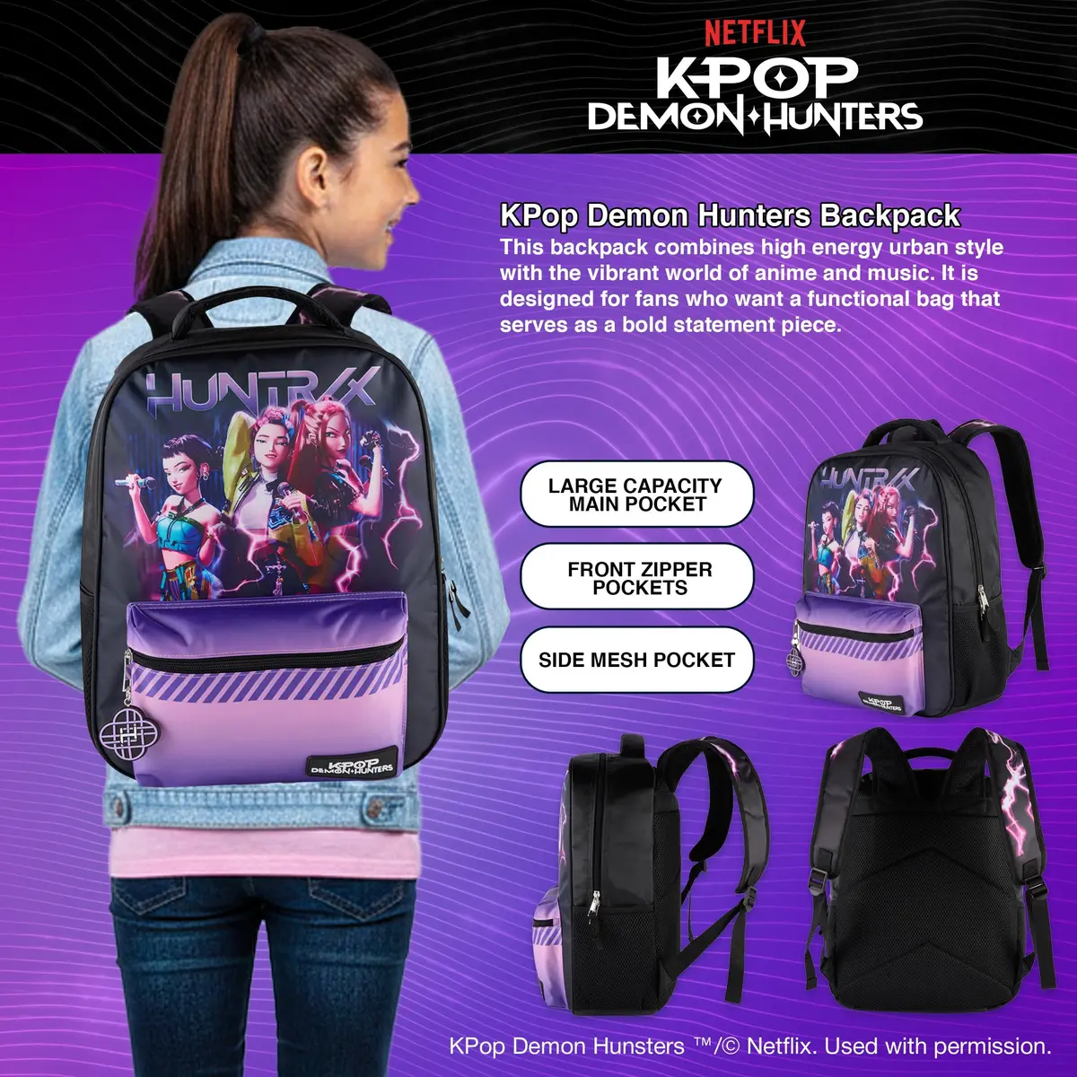 AI ACCESSORY INNOVATIONS K-Pop Demon Hunters Huntrix 16” Backpack for Girls | Water-Resistant, 20L, Adjustable Straps - view 7