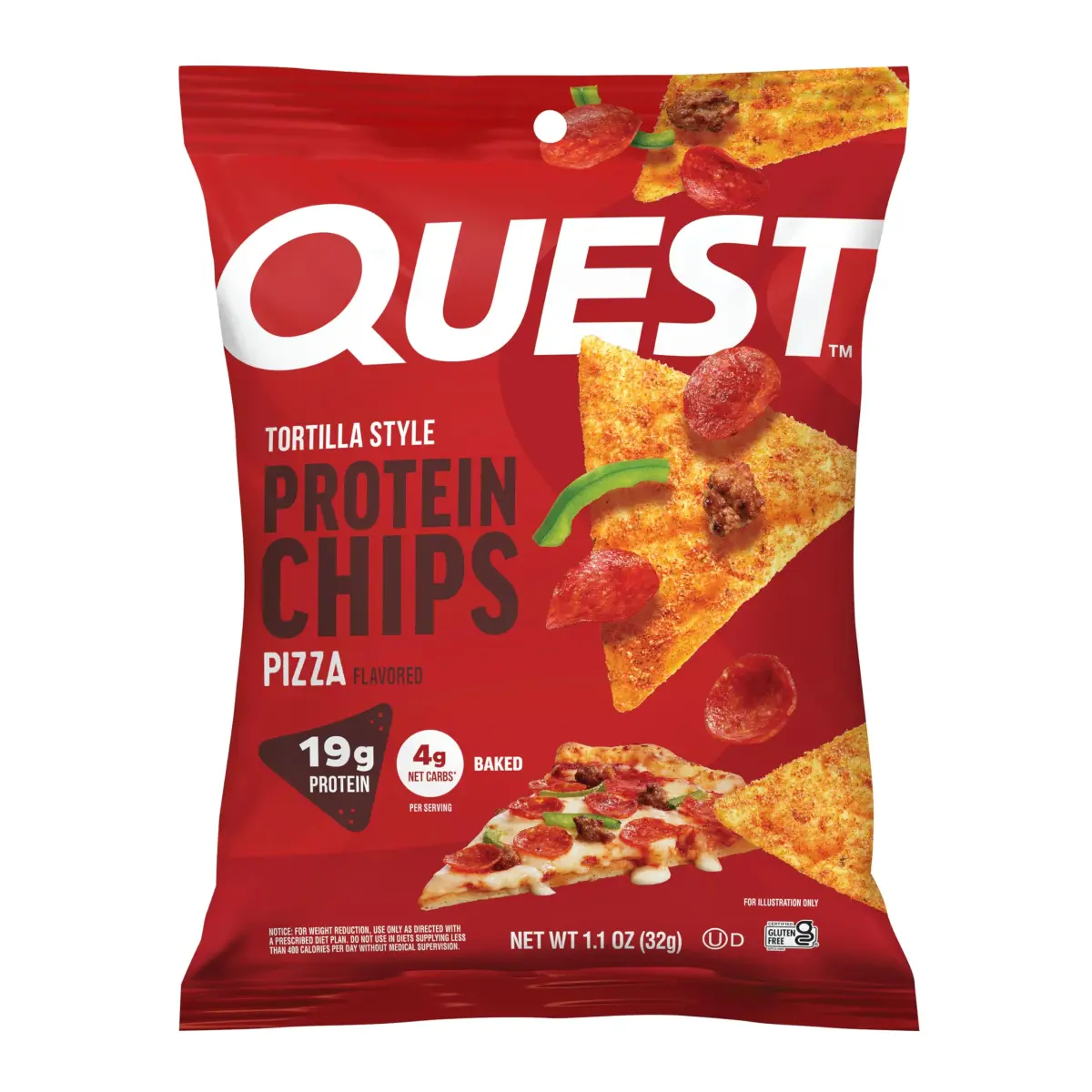Quest Pizza Flavored Tortilla Style Protein Chips 19g Protein 4g Net Carbs 12 Count (1.01 oz bags) - main product image