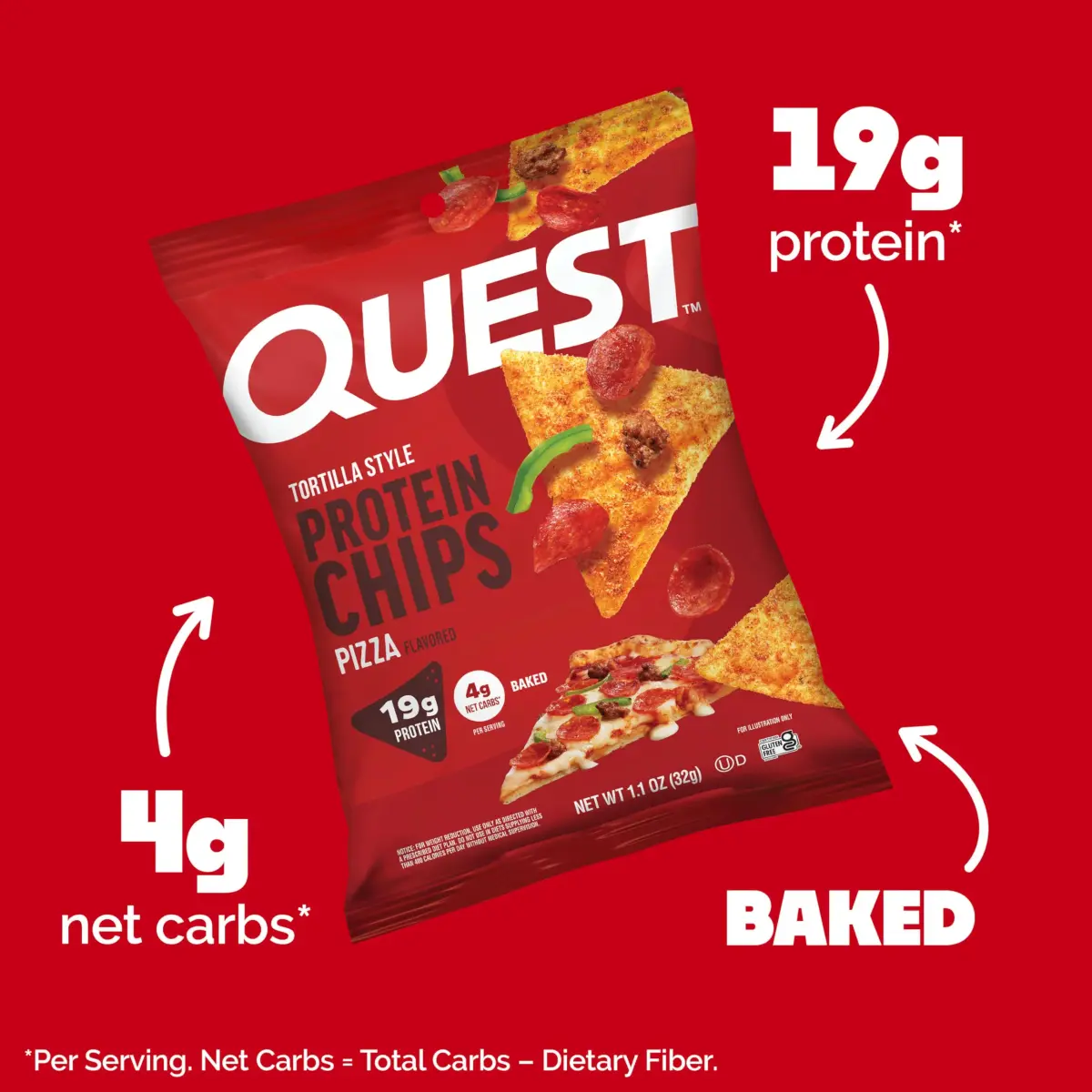 Quest Pizza Flavored Tortilla Style Protein Chips 19g Protein 4g Net Carbs 12 Count (1.01 oz bags) - view 2