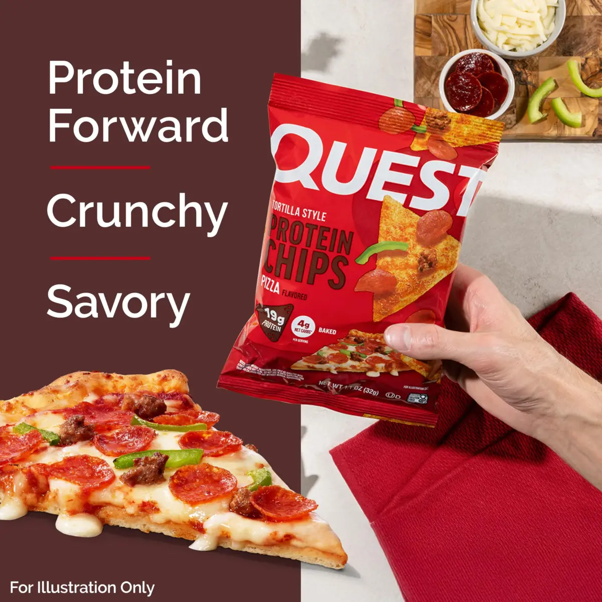 Quest Pizza Flavored Tortilla Style Protein Chips 19g Protein 4g Net Carbs 12 Count (1.01 oz bags) - view 3