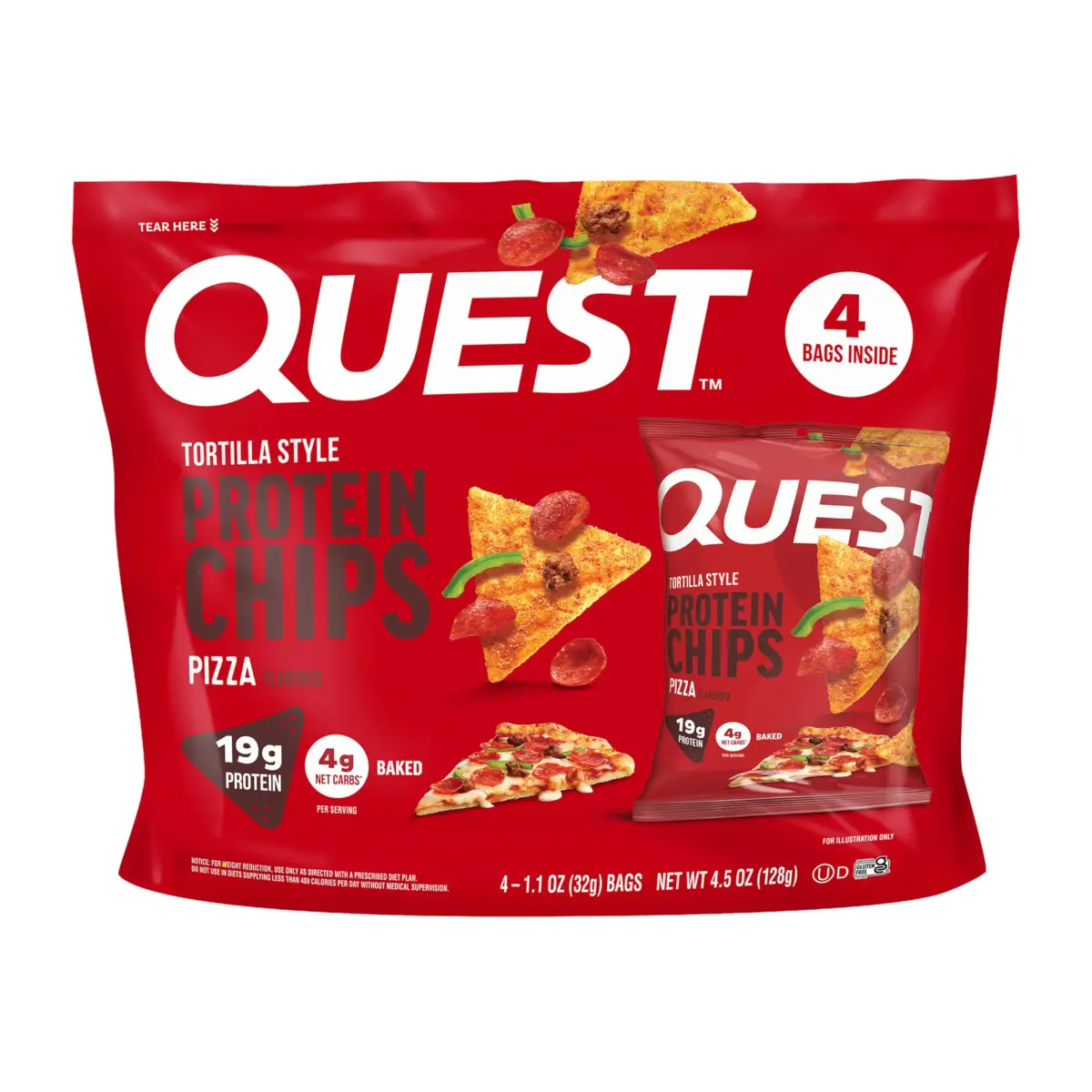 Quest Pizza Tortilla Style Protein Chips 4 Count (1.1oz each) | Baked, Gluten-Free, 19g Protein - main product image