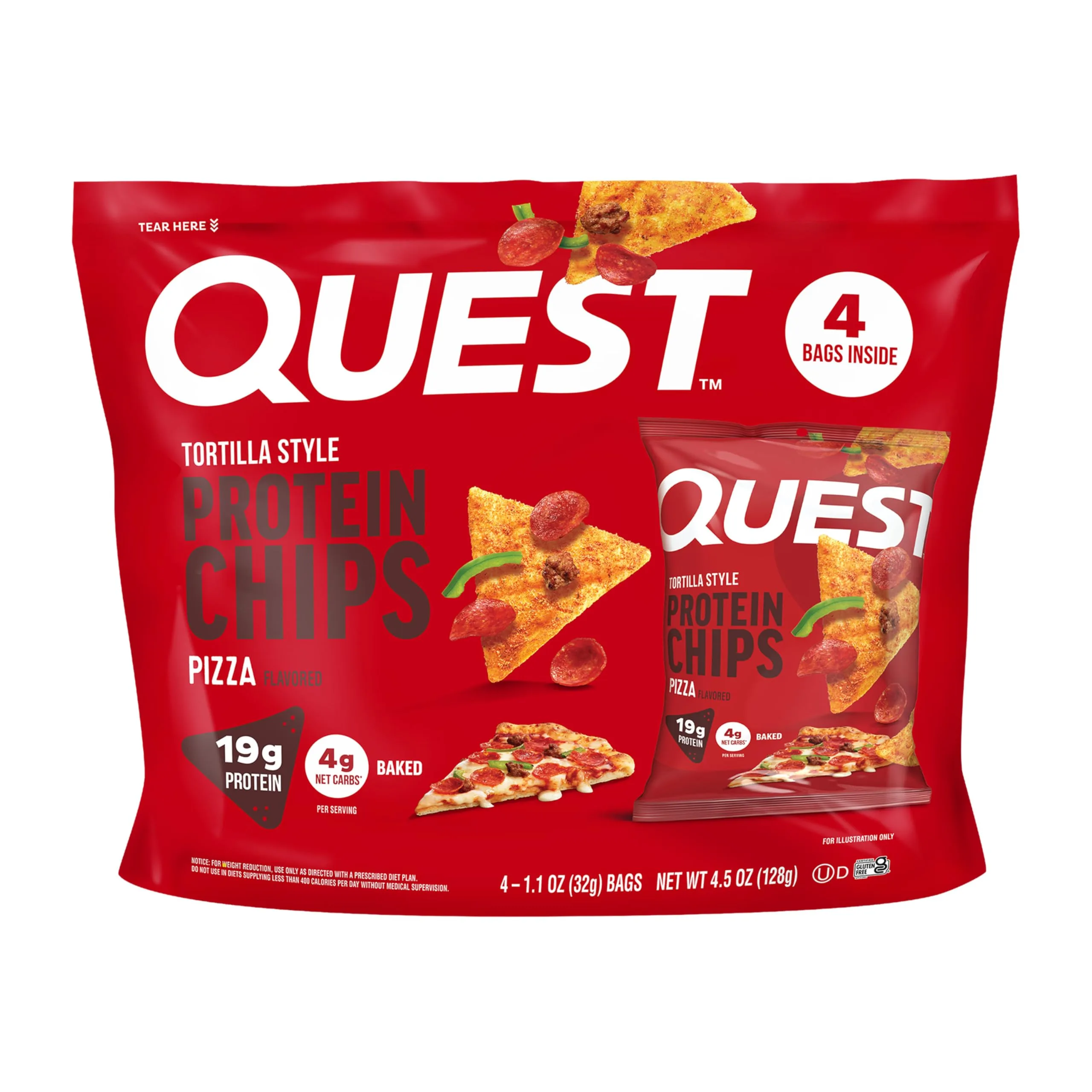 Quest Pizza Tortilla Style Protein Chips, 19g Protein, 4g Net Carb, Gluten Free, 1.01oz (4 Count) - main product image
