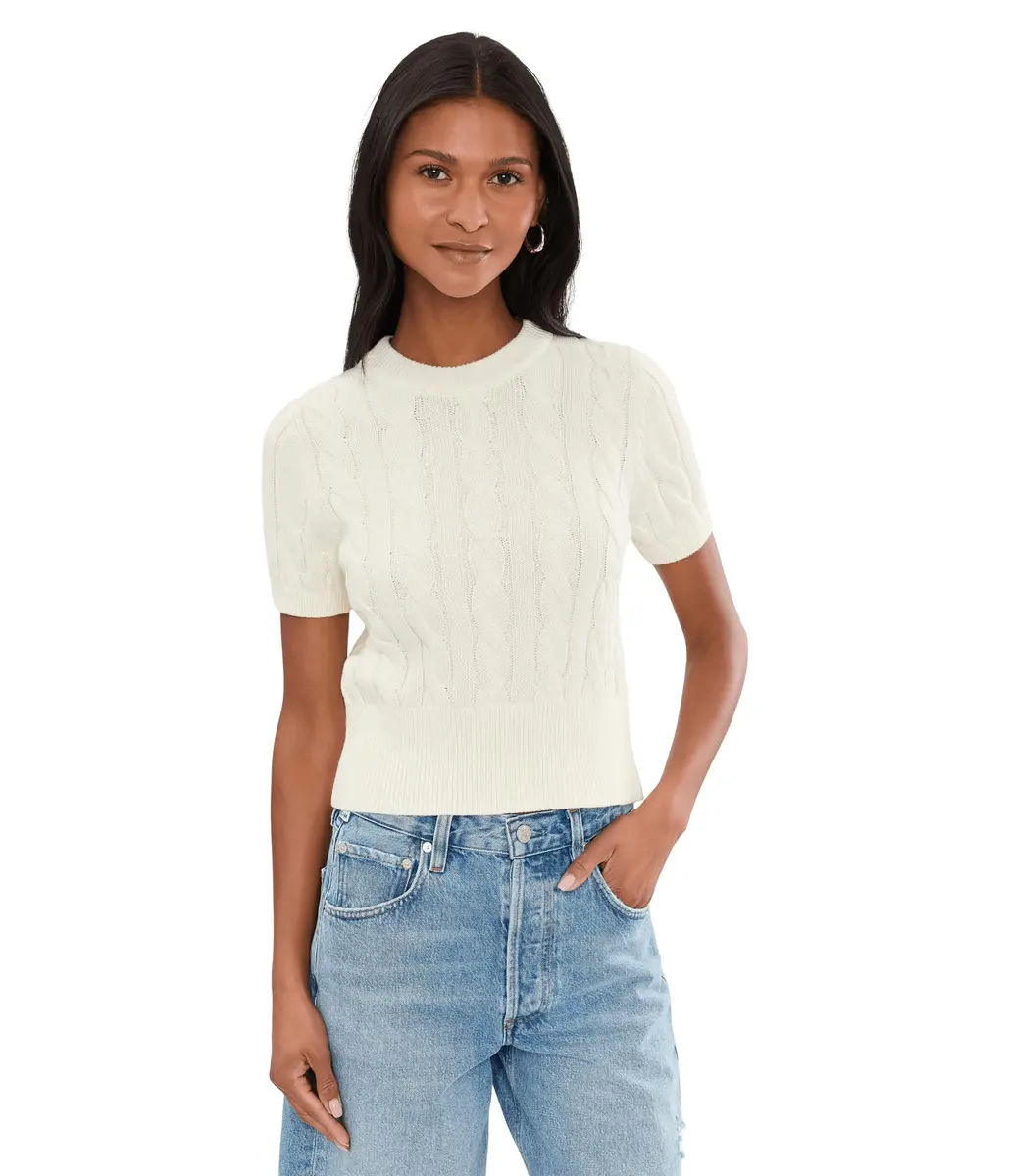 525 America Womens Sky Cable Crew Neck Pullover Chalk XS | Classic Cotton Knit - main product image