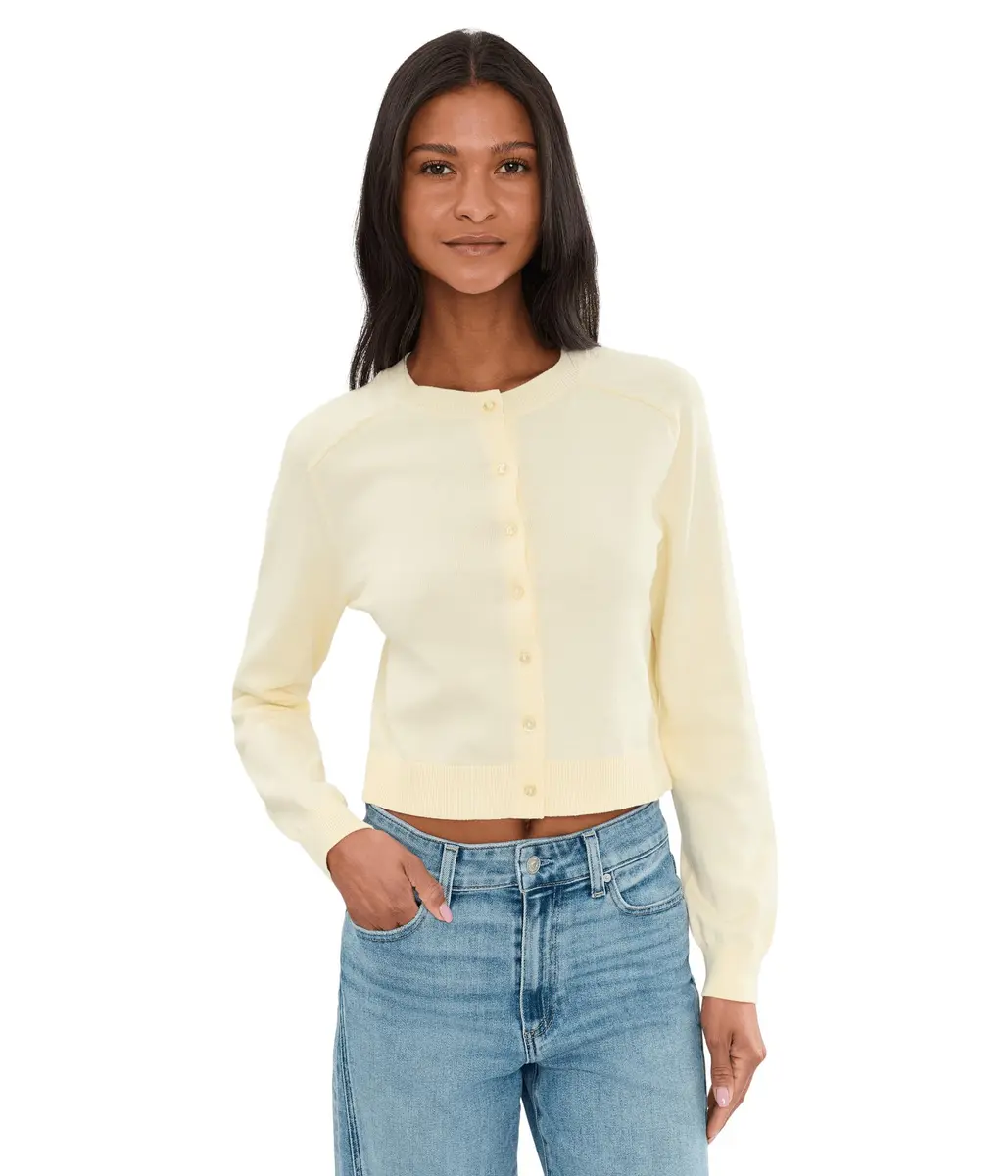 525 America Womens Cleo Saddle Shoulder Cardigan Lemon Icing | Regular Fit, Crew Neck, 97% Cotton, 3% Nylon, One Size - main product image
