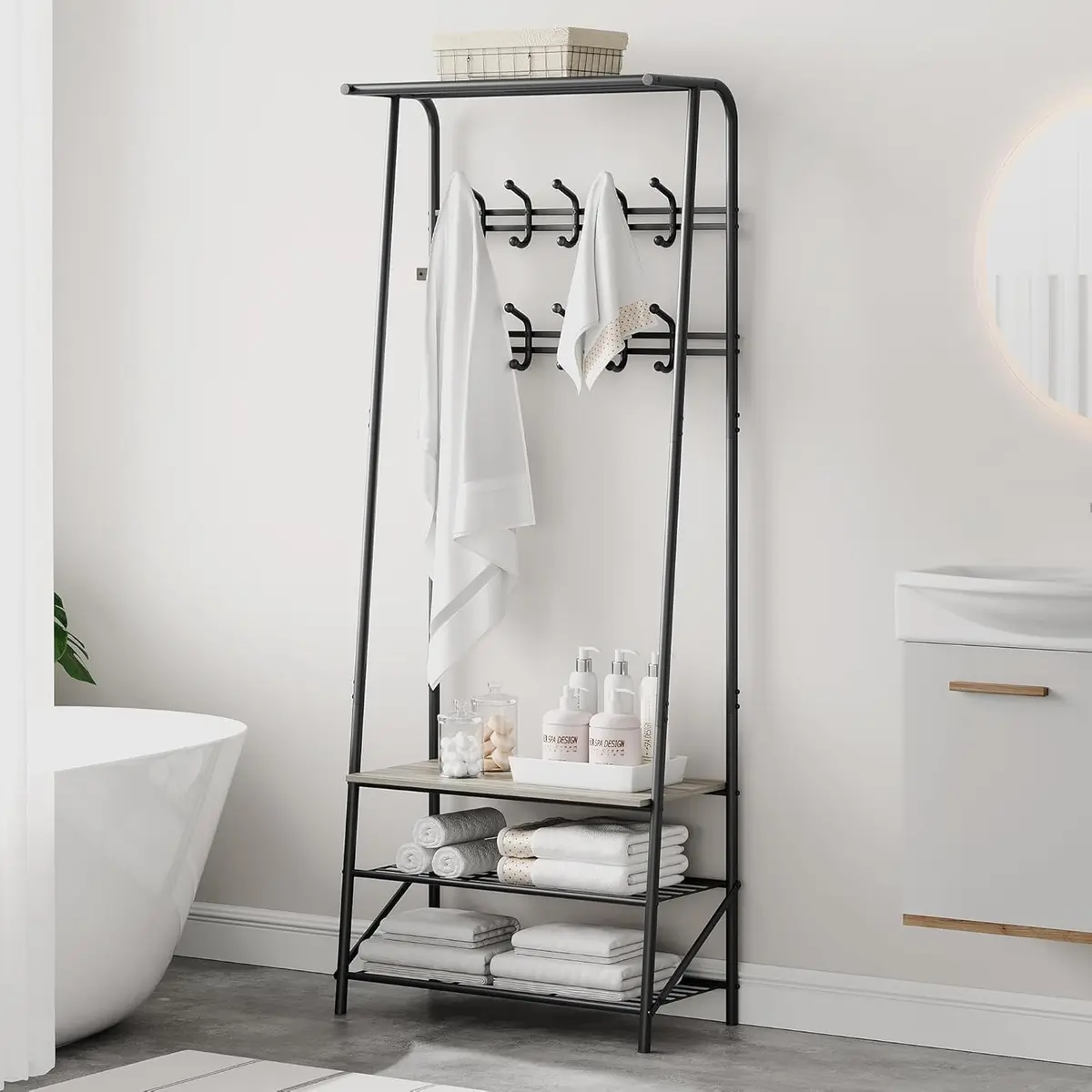 OUTLANE Entryway Hall Tree with 10 Hooks, Shoe Bench & Storage Shelf | Modern Coat Rack Organizer in Gray-Double row - view 6