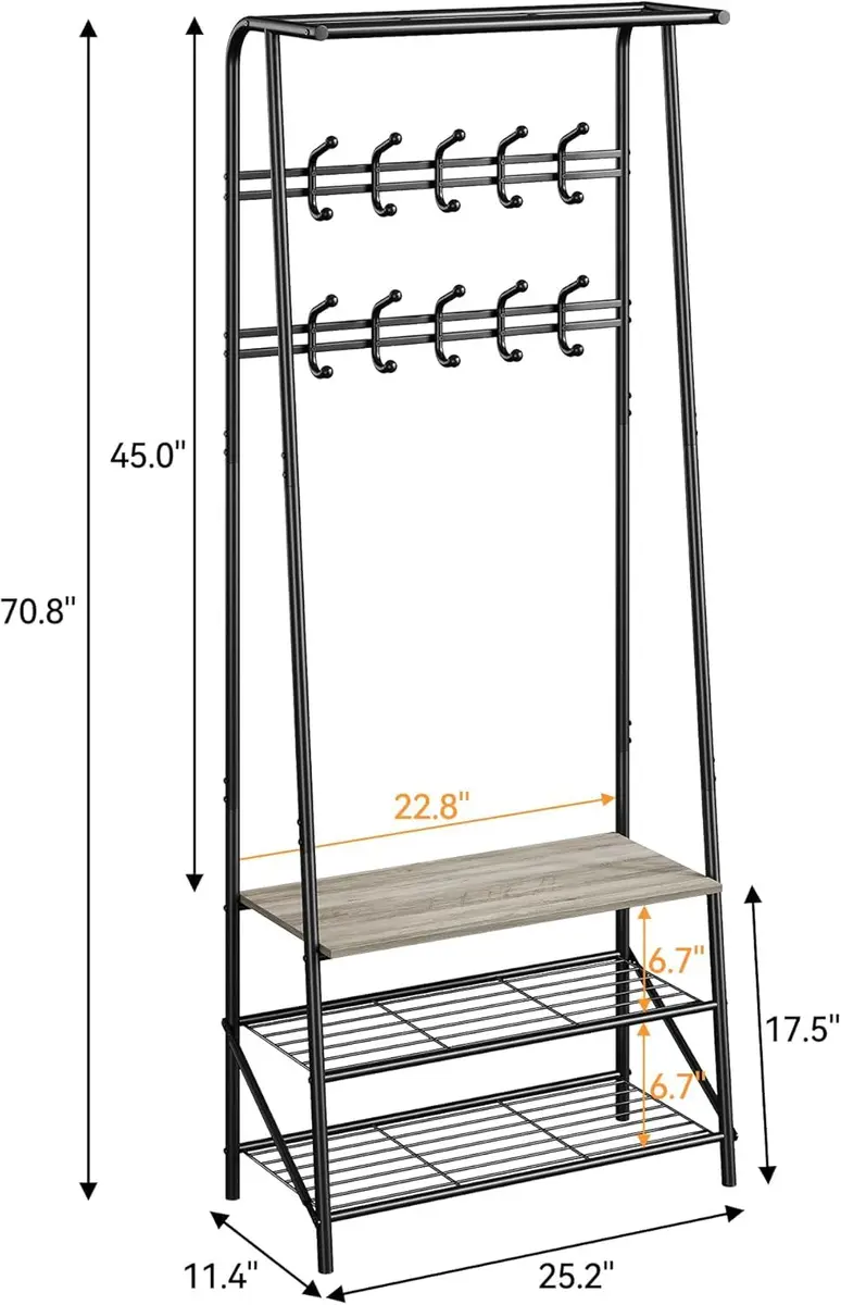 OUTLANE Entryway Hall Tree with 10 Hooks, Shoe Bench & Storage Shelf | Modern Coat Rack Organizer in Gray-Double row - view 3