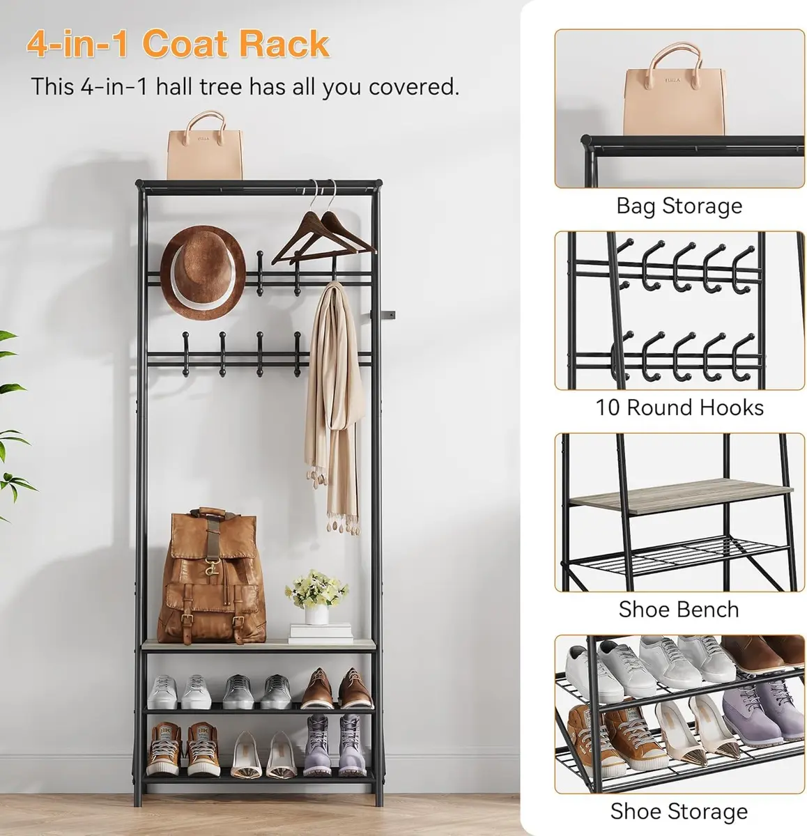 OUTLANE Entryway Hall Tree with 10 Hooks, Shoe Bench & Storage Shelf | Modern Coat Rack Organizer in Gray-Double row - view 10