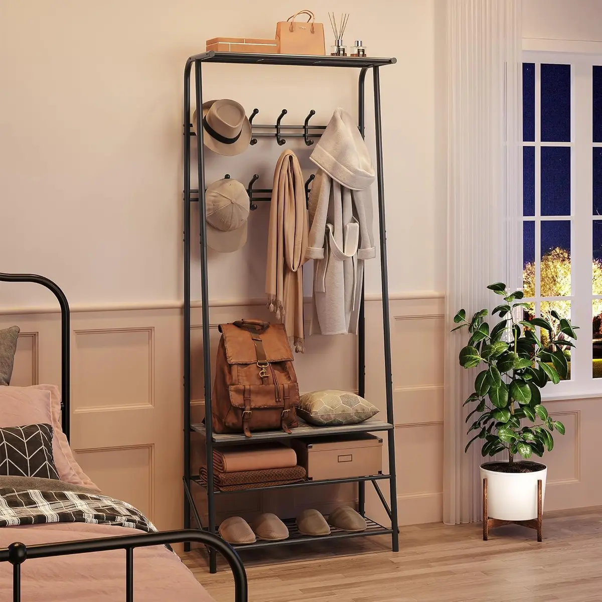 OUTLANE Entryway Hall Tree with 10 Hooks, Shoe Bench & Storage Shelf | Modern Coat Rack Organizer in Gray-Double row - view 4