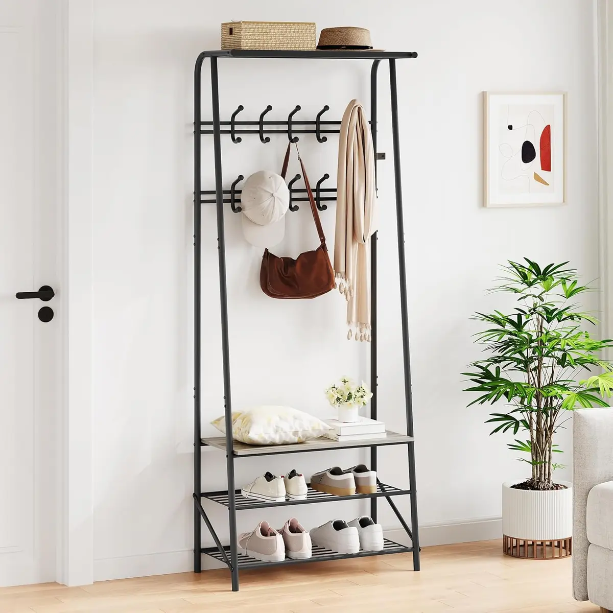 OUTLANE Entryway Hall Tree with 10 Hooks, Shoe Bench & Storage Shelf | Modern Coat Rack Organizer in Gray-Double row - view 5