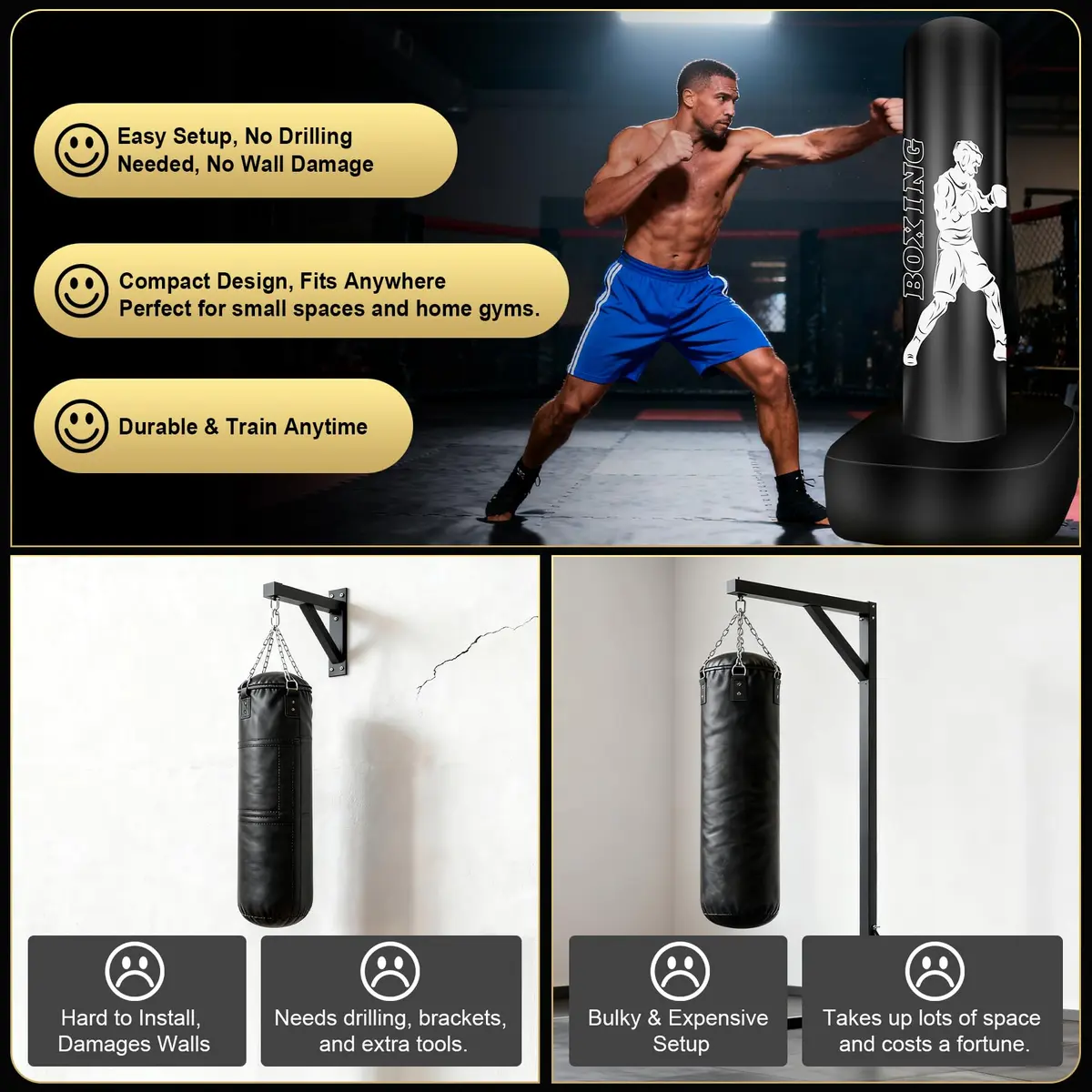 Vobab Freestanding Punching Bag with Stand for Adults Teens, 70 inch (178 cm) Heavy Boxing Bag | Stable Base for Home Training - view 5