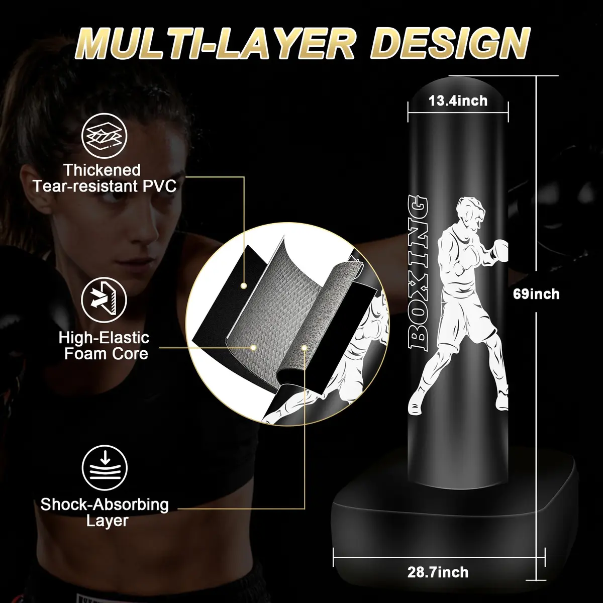 Vobab Freestanding Punching Bag with Stand for Adults Teens, 70 inch (178 cm) Heavy Boxing Bag | Stable Base for Home Training - view 3