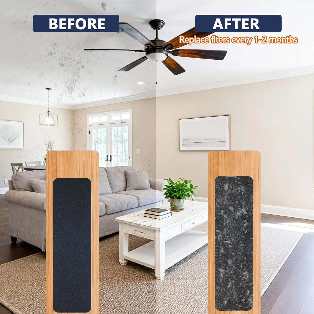 WAWINY 15Pcs Ceiling Fan Filters for Blades | Coconut Shell Activated Carbon Air Purifier Pads - view 5