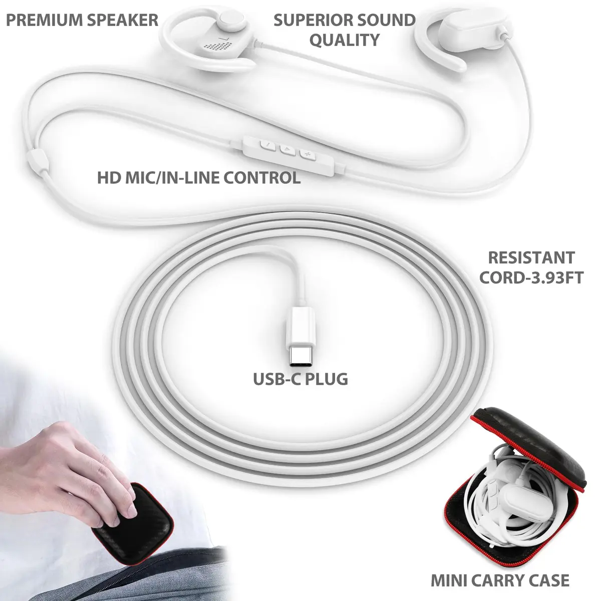 ASKUBSKU Open Ear Headphone Wired for iPhone 17 Air 16 15 Pro Max Plus/iPad | Sport & Workout Earbuds with Mic, USB-C, White - view 6