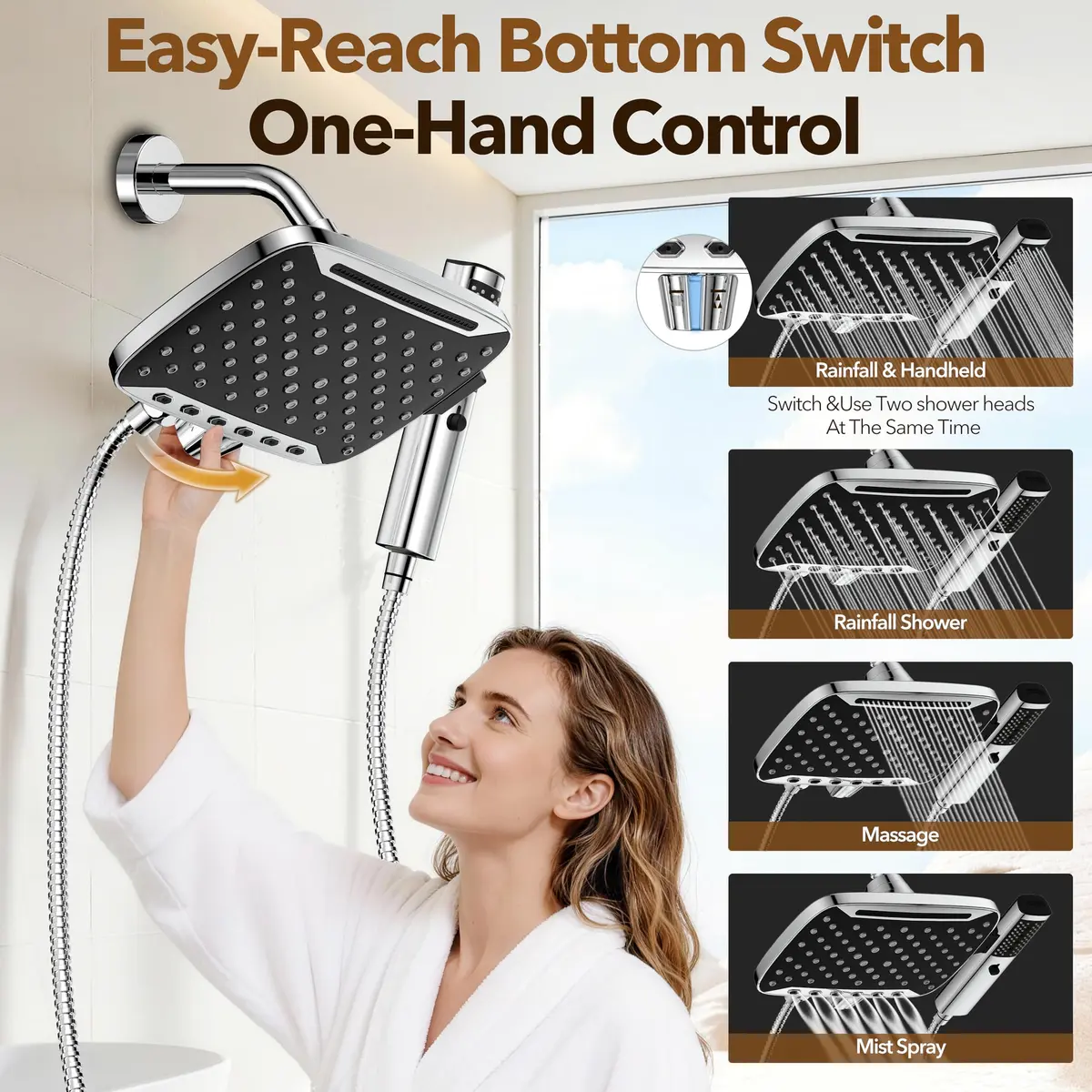 JDO High Pressure Rain Shower Head with Handheld Spray Chrome Polished | 10-inch Rainfall & Multi-Mode Handheld - view 4