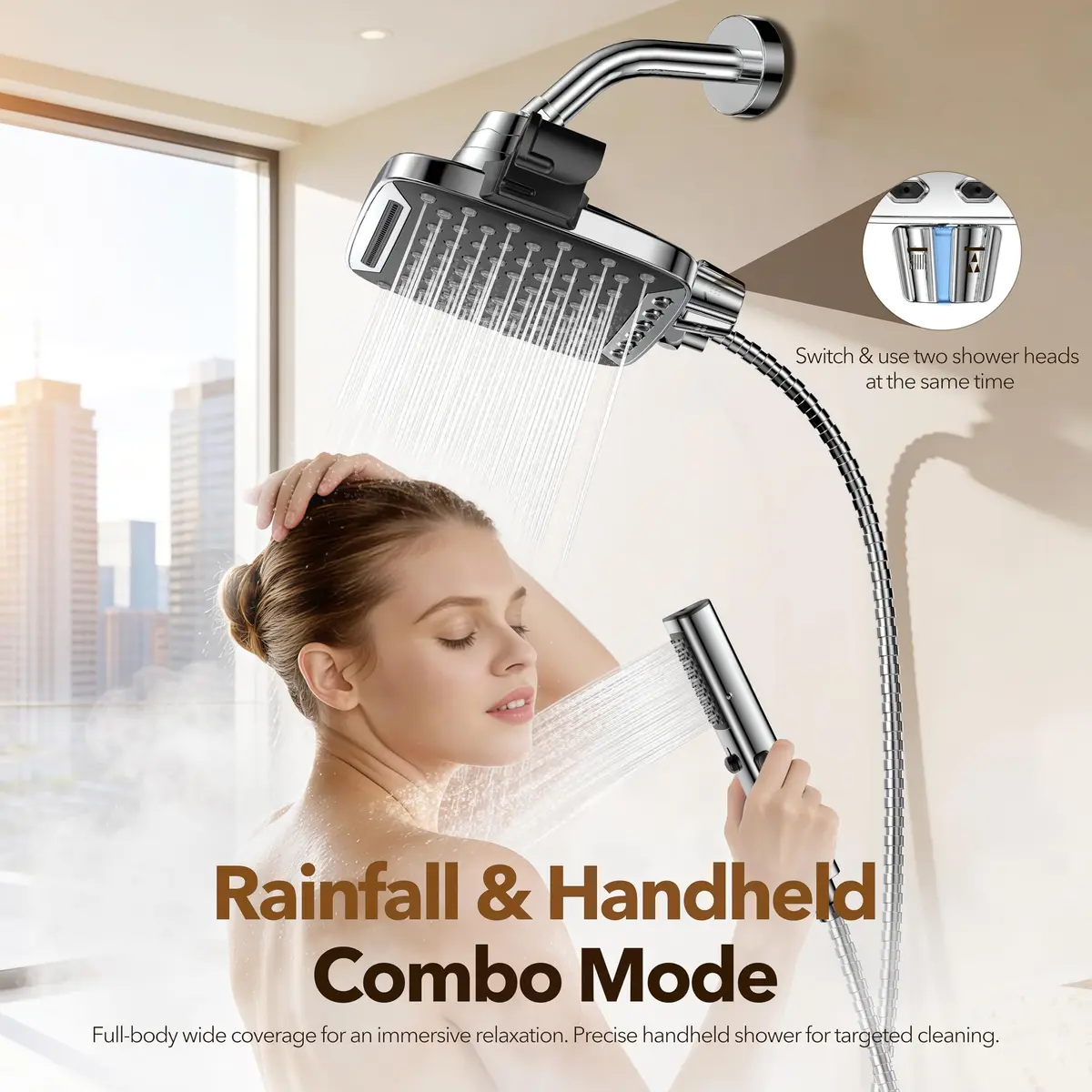 JDO High Pressure Rain Shower Head with Handheld Spray Chrome Polished | 10-inch Rainfall & Multi-Mode Handheld - view 2