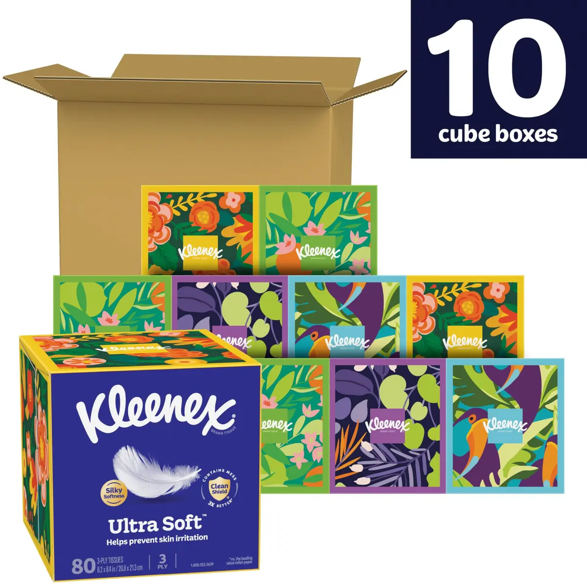 Kleenex Ultra Soft Facial Tissues 10 Cube Boxes | 3-Ply, 80 Tissues/Box, White, Hypoallergenic - view 2