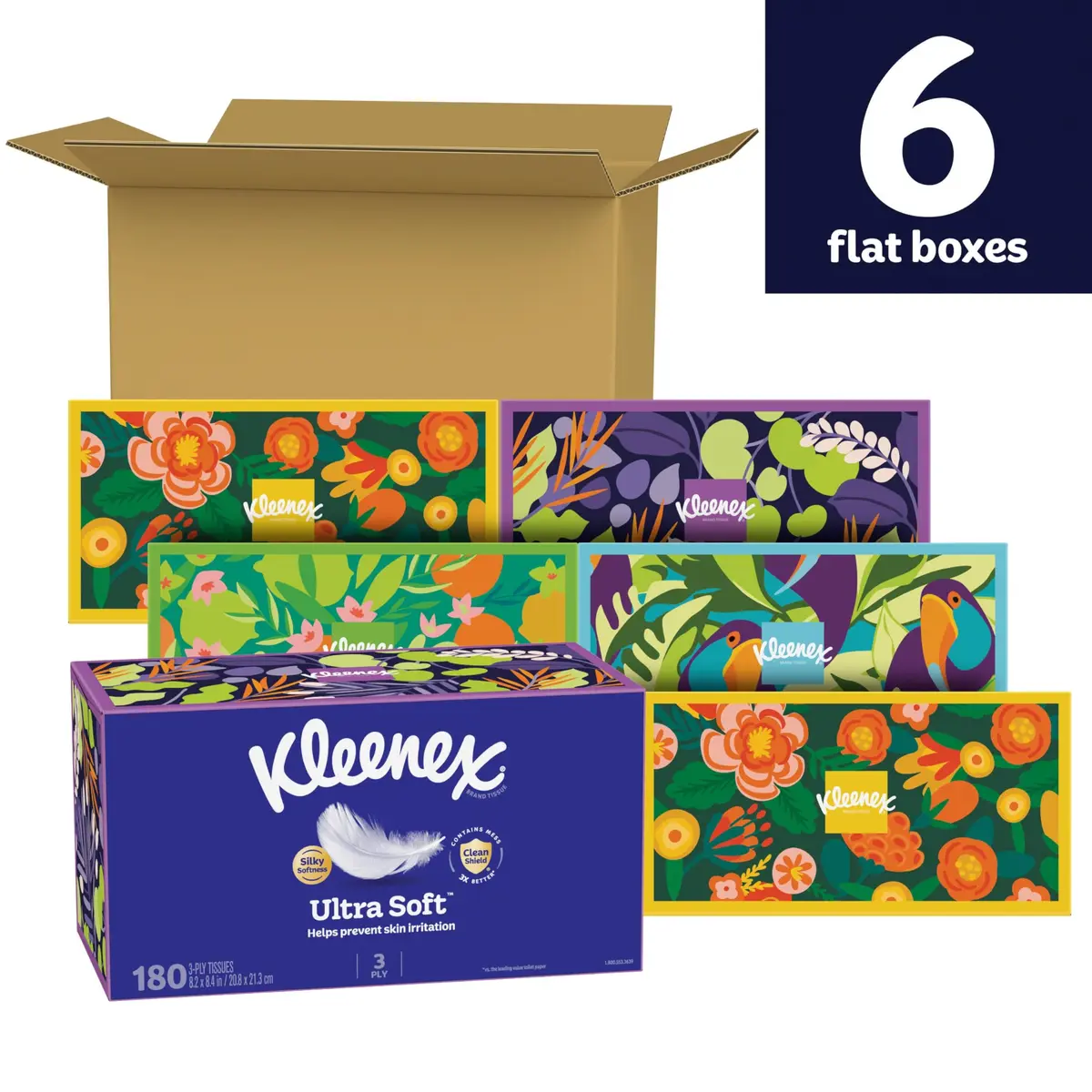 Kleenex Ultra Soft Facial Tissues, 6 Flat Boxes, 180 Tissues per Box (1080 Tissues Total) | Hypoallergenic & Dermatologist Tested - view 2