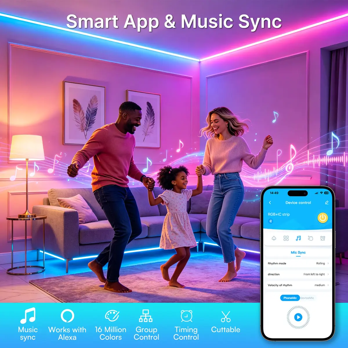 TJOY 90FT Smart LED Strip Lights | Music Sync, RGB Color Changing Lights for Room Decor - view 3