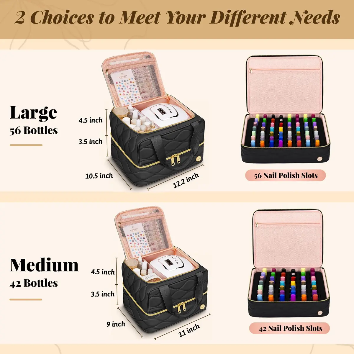 YOREPEK Nail Polish Organizer Bag Case Holds 56+ Bottles (15ml/0.5 fl.oz) | Black with Removable Divider - view 2