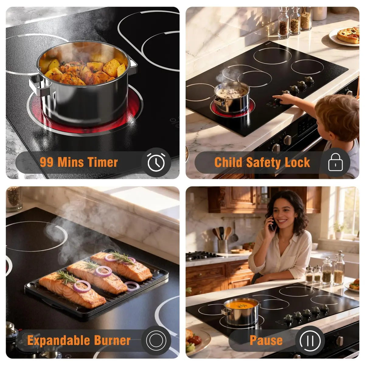 Jessier 30 Inch 8400W Electric Cooktop with 5 Burners & Dual Ring | 220V Built-In Ceramic Glass - view 6