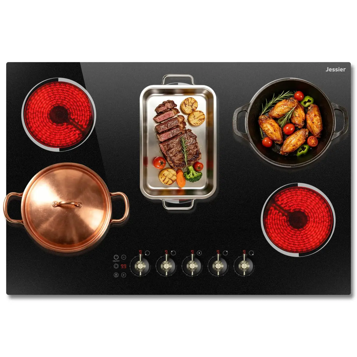 Jessier 30 Inch 8400W Electric Cooktop with 5 Burners & Dual Ring | 220V Built-In Ceramic Glass - main product image