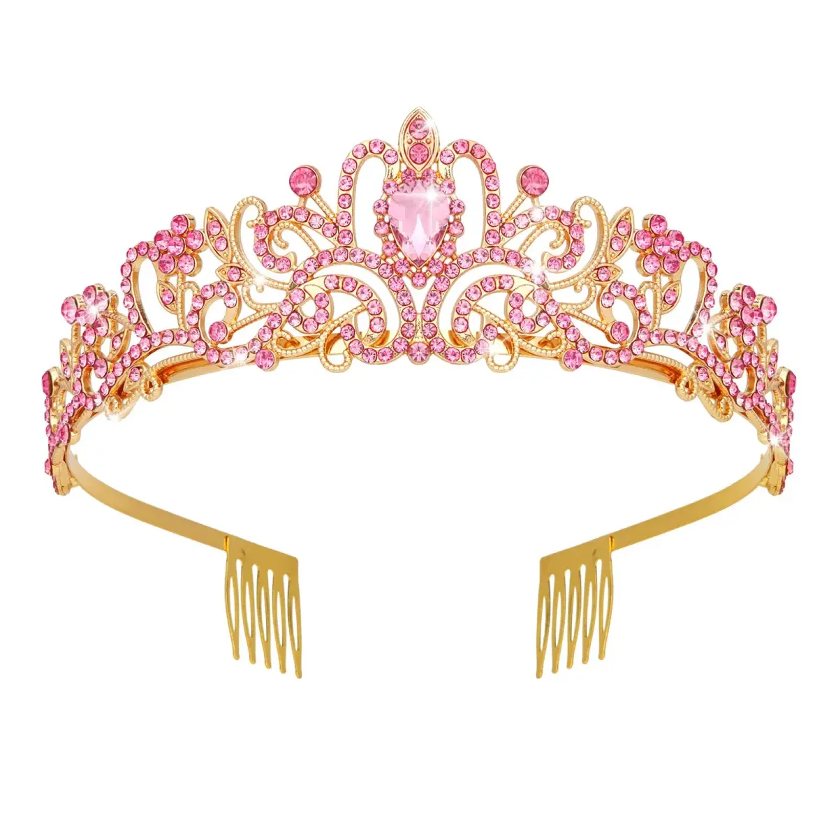 CAVETEE Pink Crystal Tiara for Women Girls | Gold Plated Princess Crown with Rhinestones, Bridal Prom Birthday Party Headpiece (1 pc) - main product image