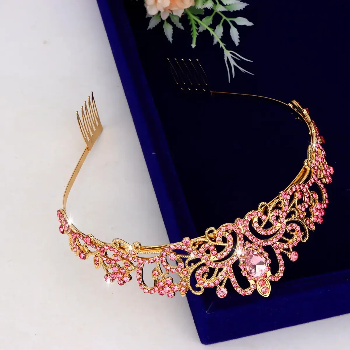 CAVETEE Pink Crystal Tiara for Women Girls | Gold Plated Princess Crown with Rhinestones, Bridal Prom Birthday Party Headpiece (1 pc) - view 7