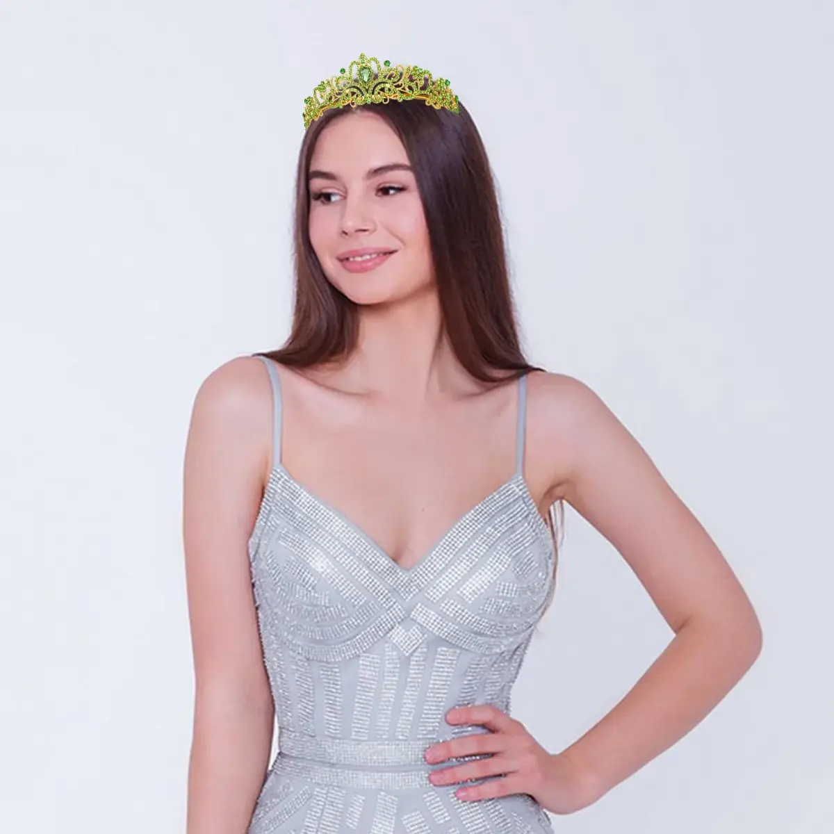 CAVETEE Green Crystal Tiara for Women & Girls | Gold-Plated Princess Crown with Rhinestones (1 pc) - view 6