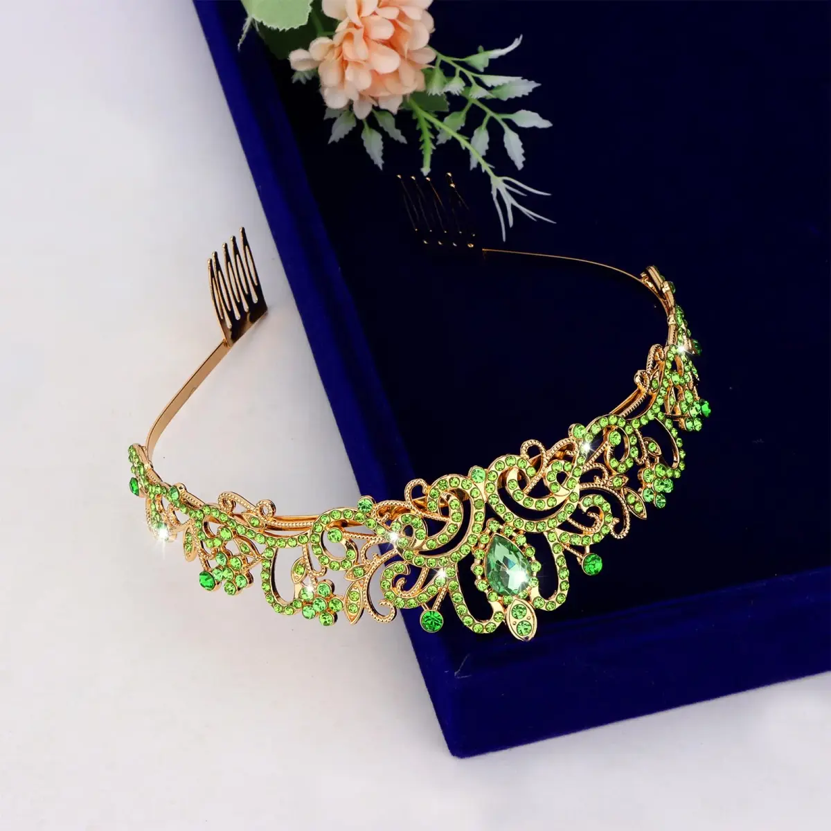 CAVETEE Green Crystal Tiara for Women & Girls | Gold-Plated Princess Crown with Rhinestones (1 pc) - view 7