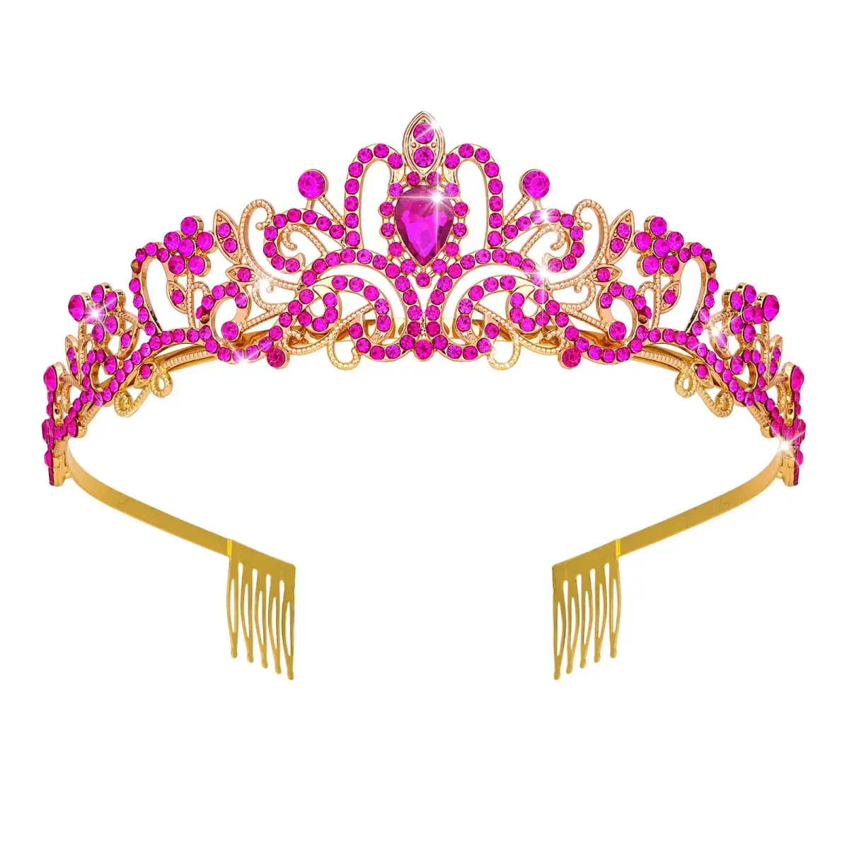 CAVETEE Hot Pink Crystal Tiara Headband for Women | Gold-Plated, Floral Pattern, One Size - main product image