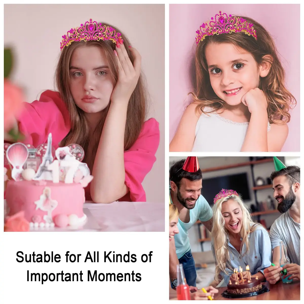 CAVETEE Hot Pink Crystal Tiara Headband for Women | Gold-Plated, Floral Pattern, One Size - view 5