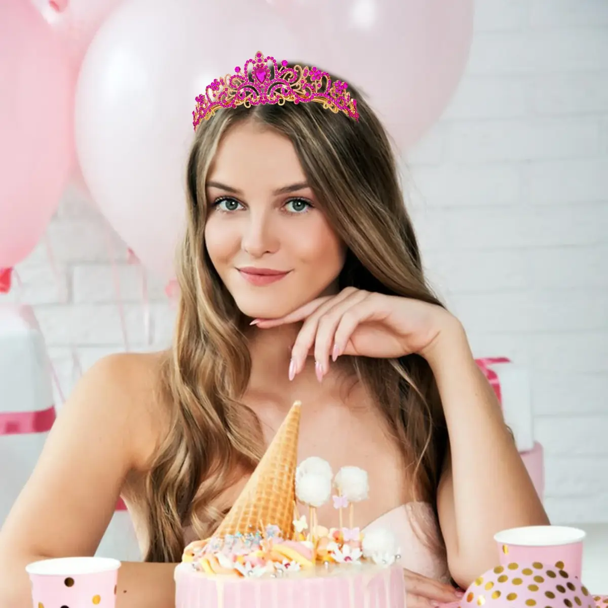 CAVETEE Hot Pink Crystal Tiara Headband for Women | Gold-Plated, Floral Pattern, One Size - view 6
