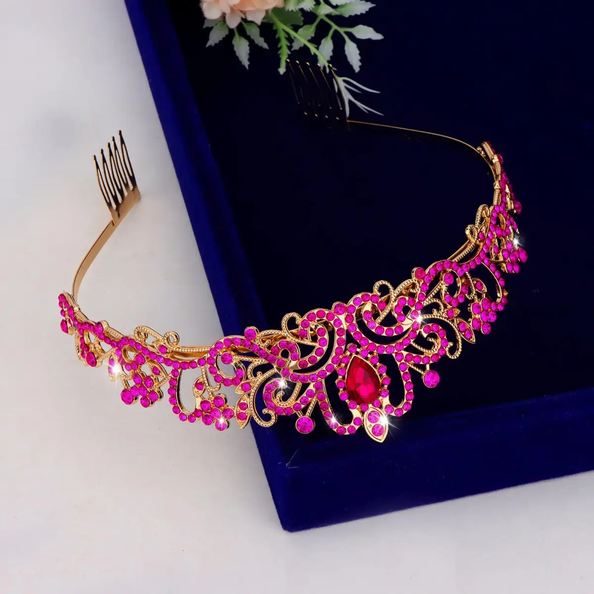 CAVETEE Hot Pink Crystal Tiara Headband for Women | Gold-Plated, Floral Pattern, One Size - view 7