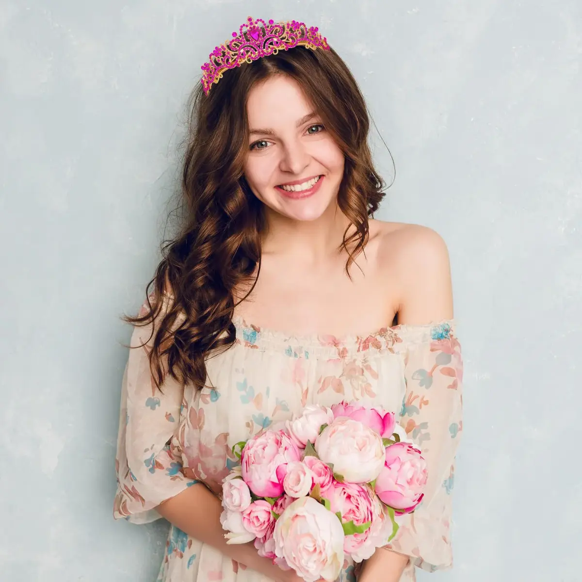 CAVETEE Hot Pink Crystal Tiara Headband for Women | Gold-Plated, Floral Pattern, One Size - view 2