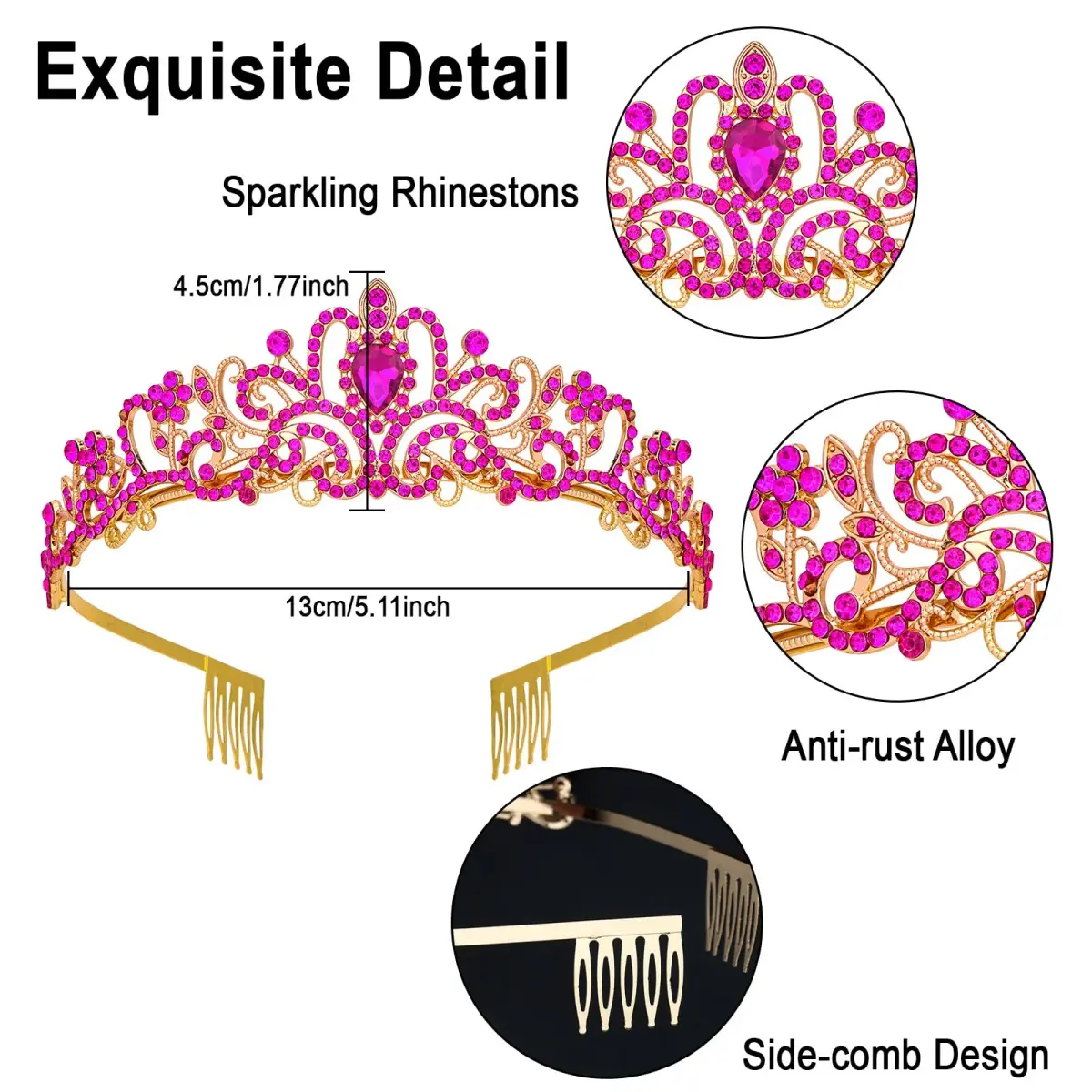 CAVETEE Hot Pink Crystal Tiara Headband for Women | Gold-Plated, Floral Pattern, One Size - view 3