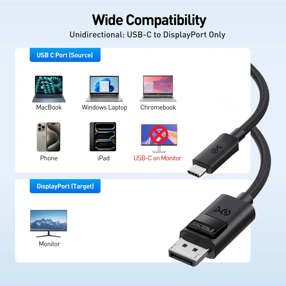 Cable Matters USB C to DisplayPort 2.1 Cable 6ft / 1.8m | Supports 8K@165Hz & 4K@480Hz, Durable Locking Fit - view 5