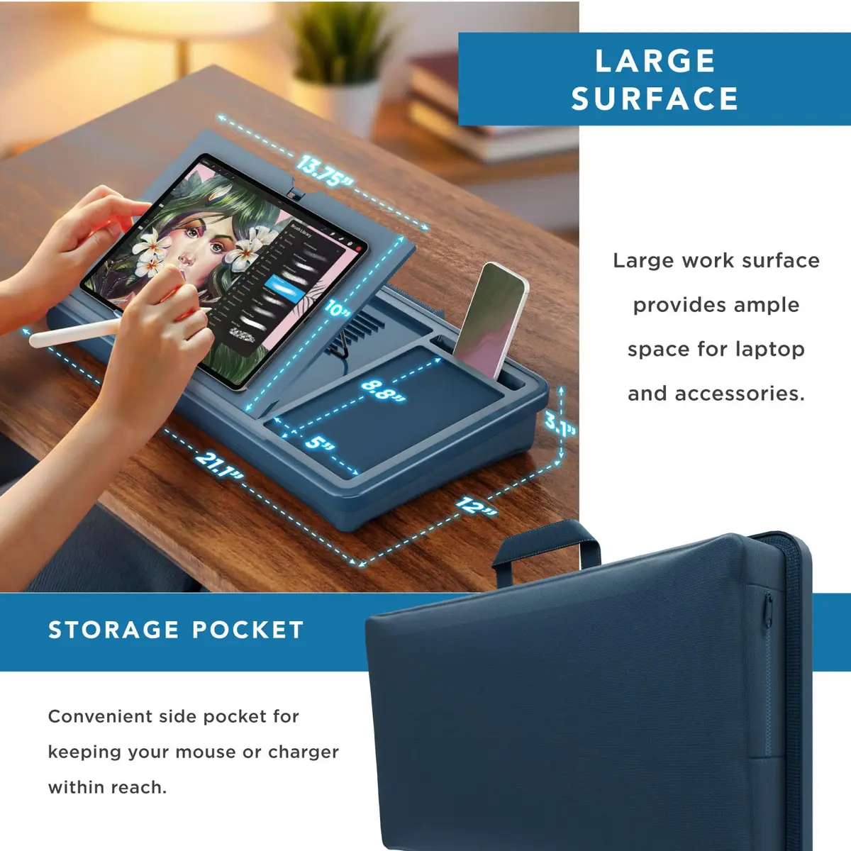 LapGear Ergonomic Pro Lap Desk with Cushion & Mouse Pad | Denim Blue, Fits 15.6" Laptops, 55.9 cm (22 in) - view 5
