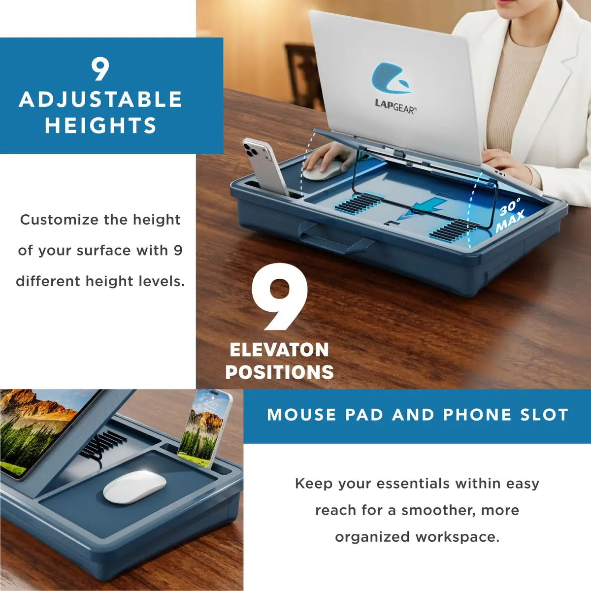 LapGear Ergonomic Pro Lap Desk with Cushion & Mouse Pad | Denim Blue, Fits 15.6" Laptops, 55.9 cm (22 in) - view 4