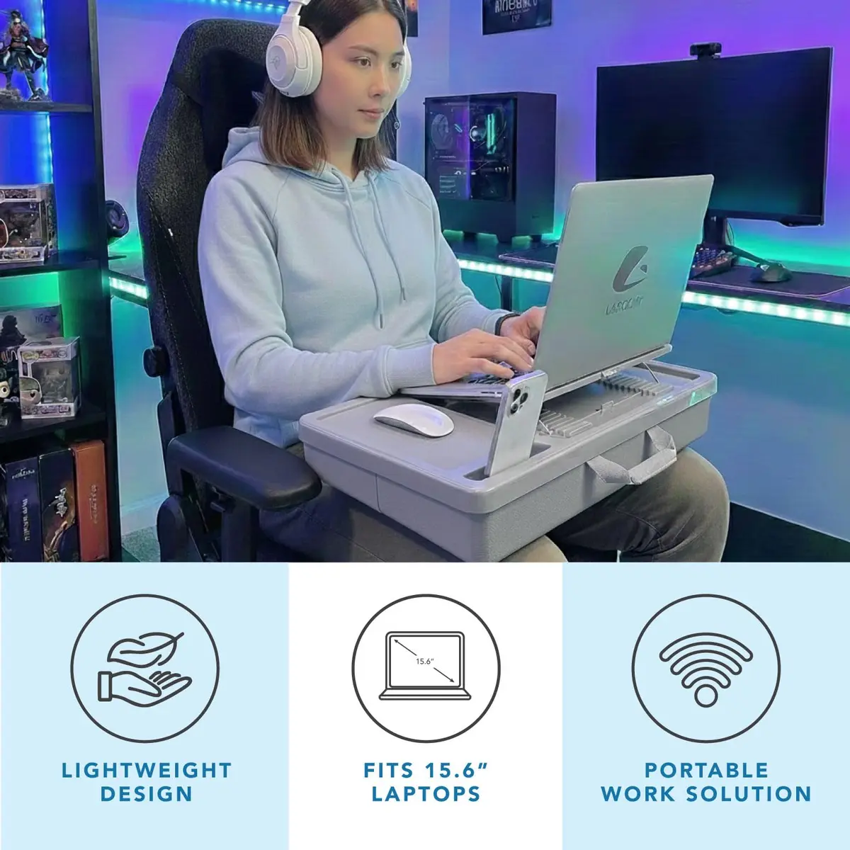 LapGear Ergonomic Pro Lap Desk Gray Fits 15.6" Laptops | 9-Height Adjustable with Mouse Pad & Storage - view 2