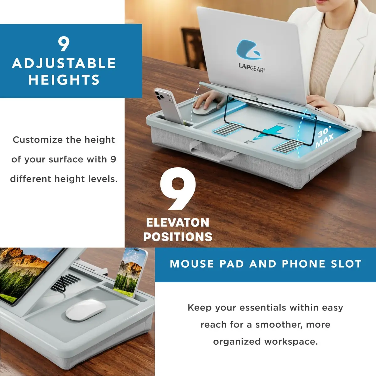 LapGear Ergonomic Pro Lap Desk Gray Fits 15.6" Laptops | 9-Height Adjustable with Mouse Pad & Storage - view 4