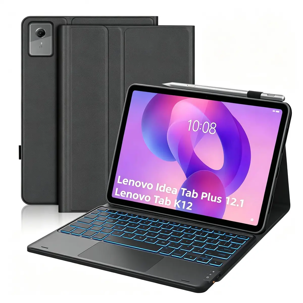 QYiiD Touchpad Keyboard Case for Lenovo Idea Tab Plus 12.1 Inch | Ultra-Thin Leather Stand Cover with 7-Color Backlit Wireless Keyboard - main product image
