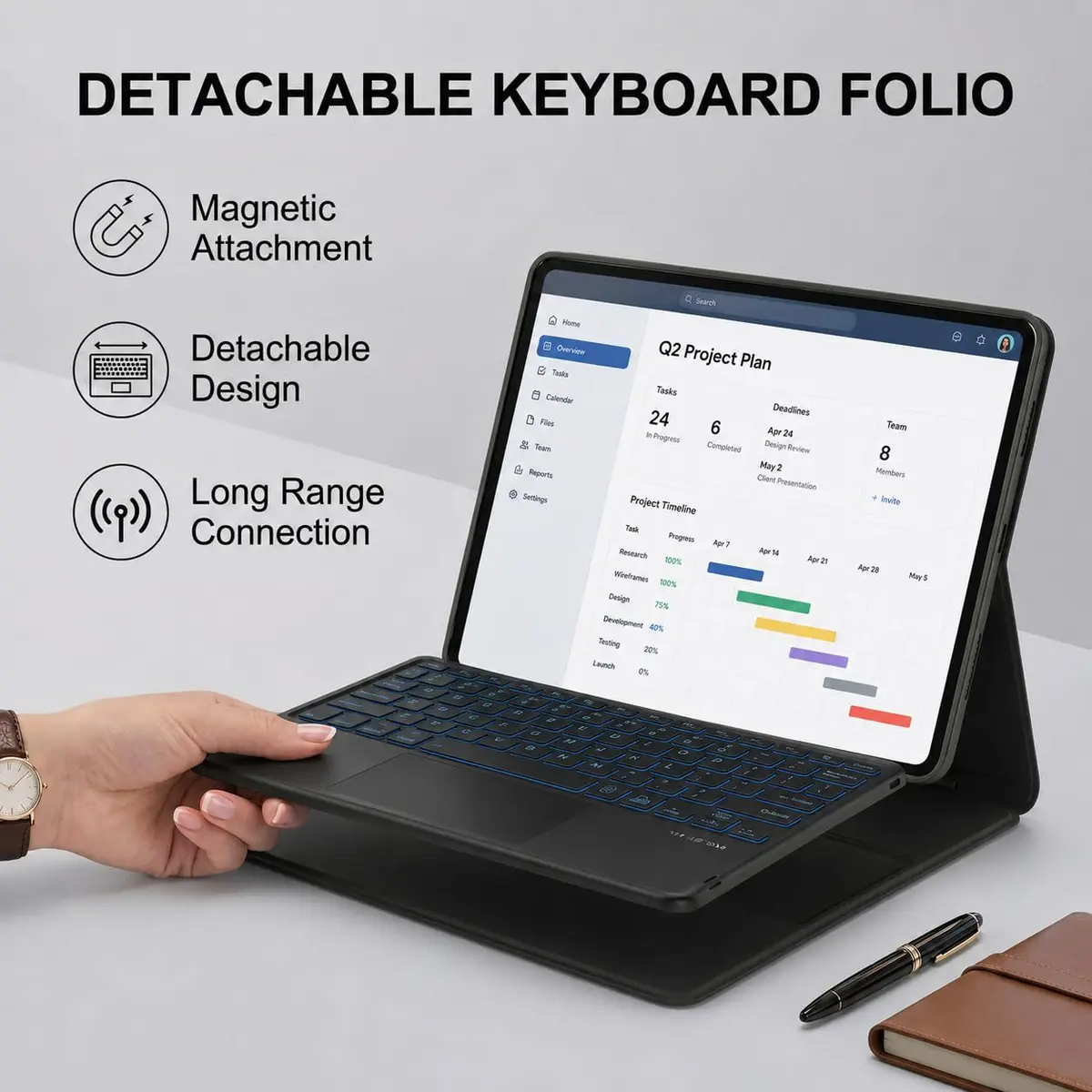 QYiiD Touchpad Keyboard Case for Lenovo Idea Tab Plus 12.1 Inch | Ultra-Thin Leather Stand Cover with 7-Color Backlit Wireless Keyboard - view 6