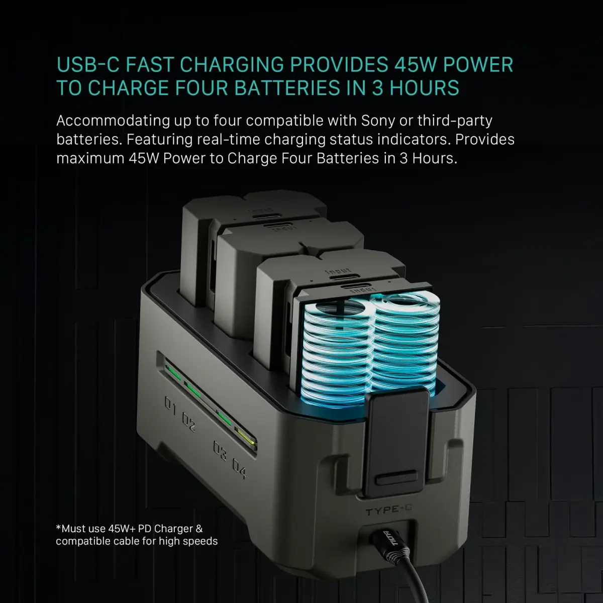 Tilta NP-FZ100 Portable Charging Station (4-Battery Kit) Green | 45W PD Fast Charging, Works with Sony FX3, A7 IV, A6700 - view 4