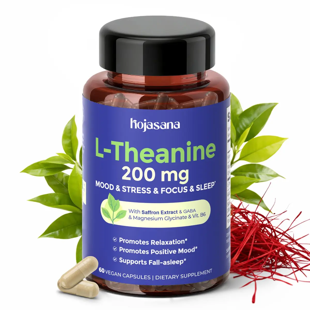 HojaSana L-Theanine 200mg with Saffron, GABA, Magnesium Glycinate & VIT.B6 | Supports Calm & Mood (110 chars) - main product image
