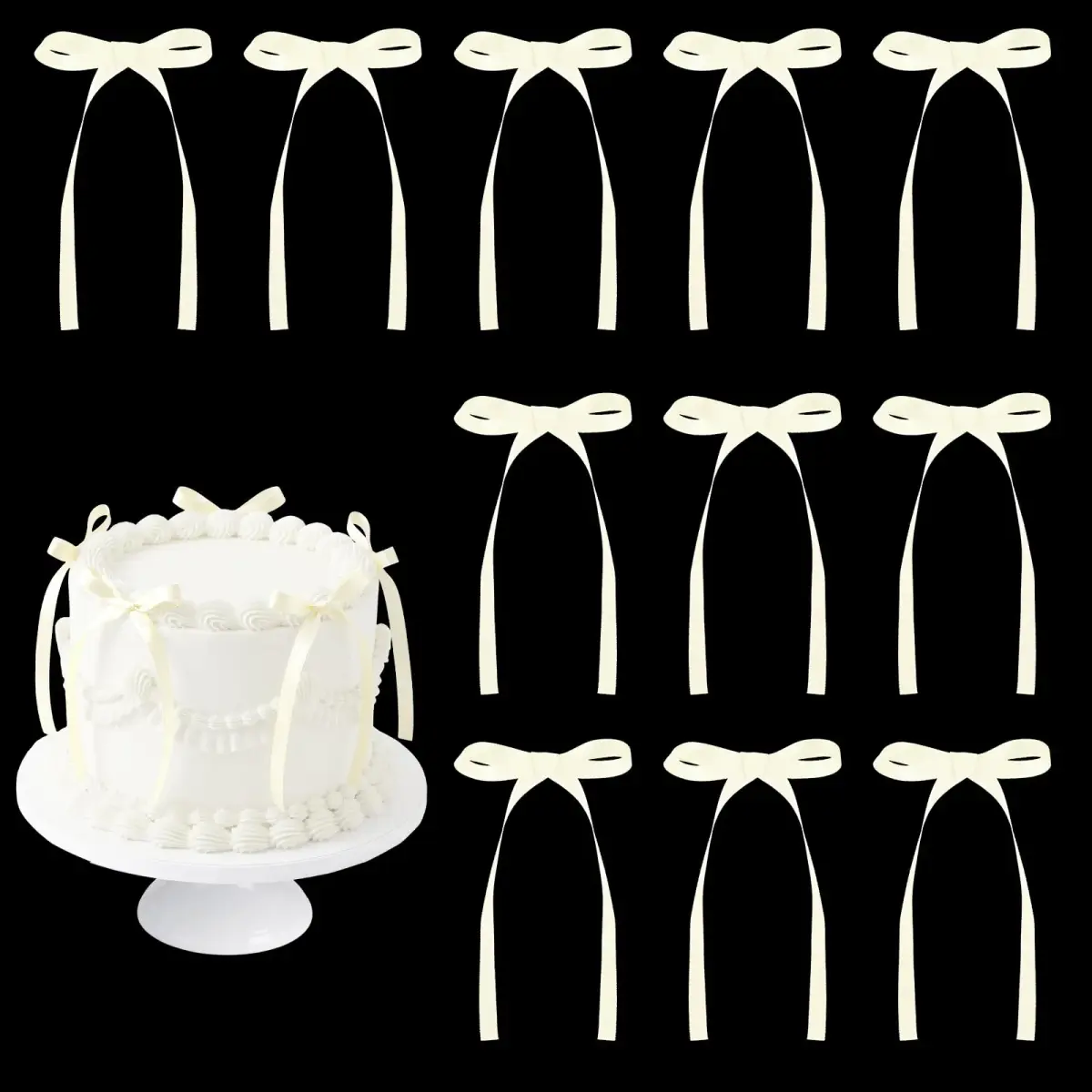 NatNarr Ivory Bow Cake Toppers 30 Pack | Handmade Polyester Ribbon for Party Decorations - main product image