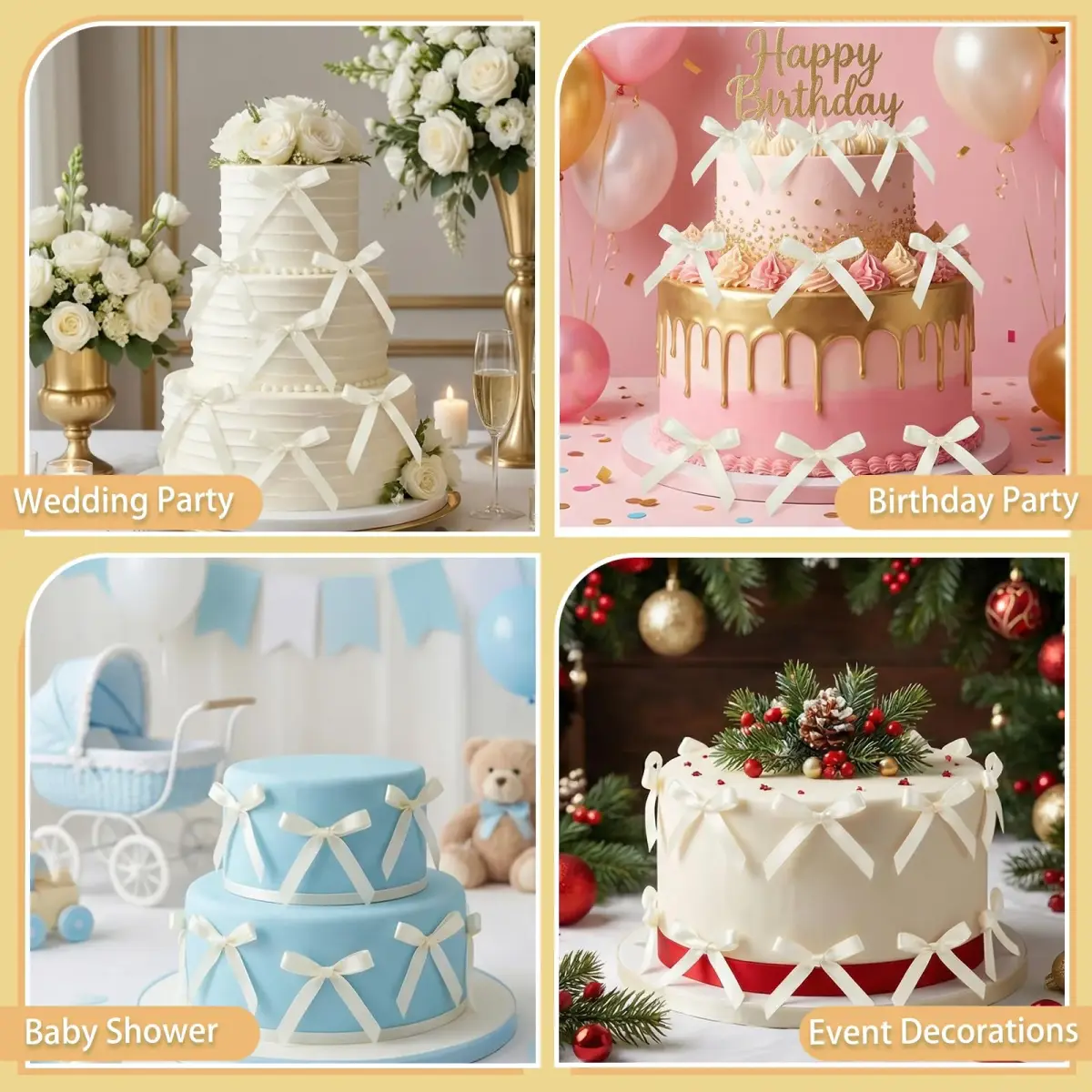 NatNarr Ivory Bow Cake Toppers 30 Pack | Handmade Polyester Ribbon for Party Decorations - view 6