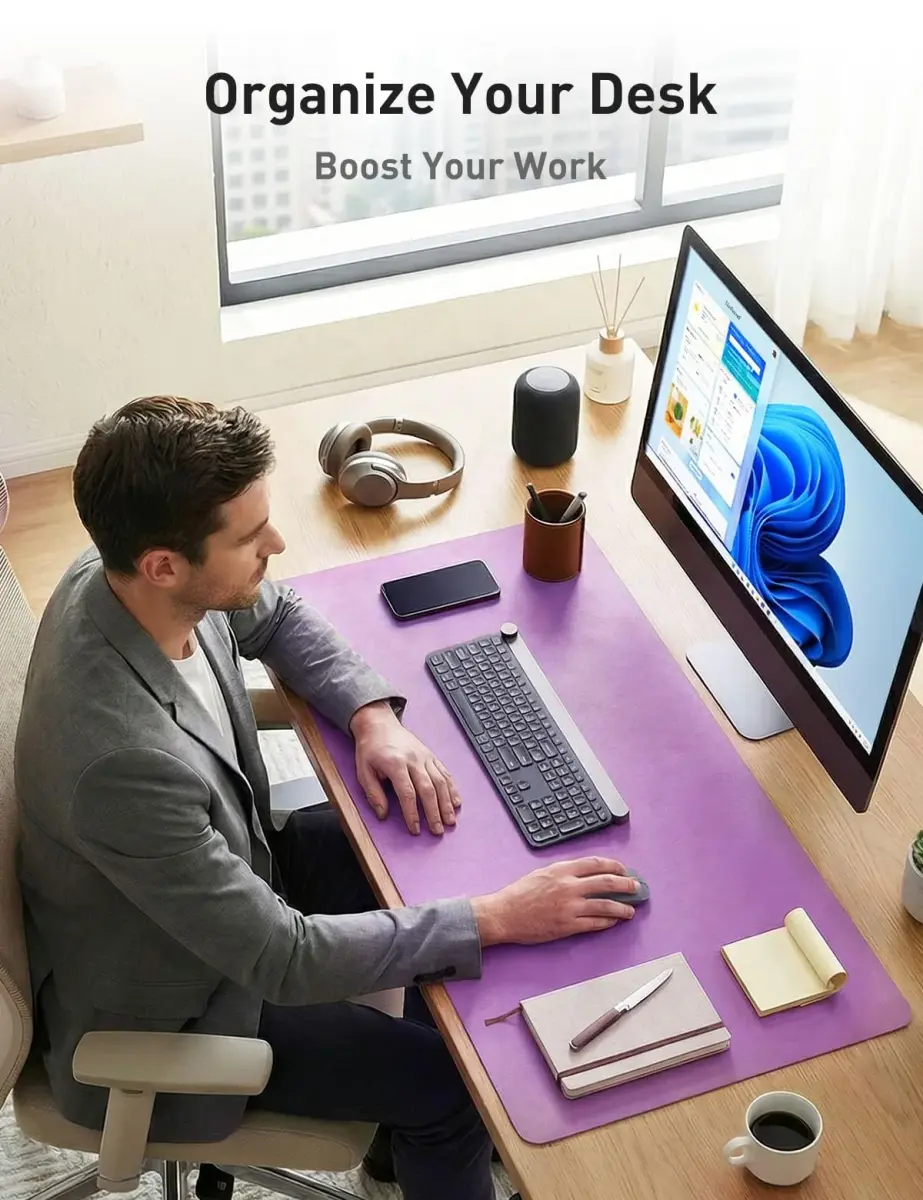 Aothia Faux Leather Desk Mat - Iris Violet, 139.7cm x 61cm (55" x 24") | Smooth Writing Surface for Office & Home - view 3