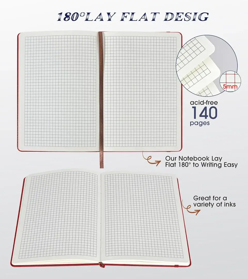 Biuwory A5 Graph Paper Notebook Journal (5.7"×8.3", 140 Pages, Wine Red) | Acid-Free Paper for Precise Writing - view 5