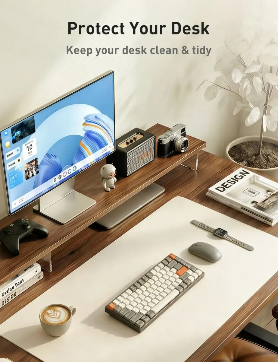 Aothia Faux Leather Desk Mat - Off-White 55" x 17" | Smooth PU Leather Writing Surface for Office & Home - view 8